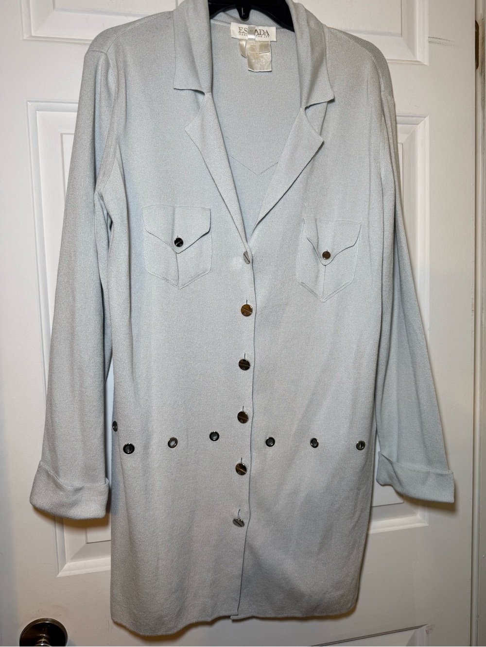 Escada Margaretha Ley Vintage Gray Buttoned Cardigan Large Silver Grommets Italy